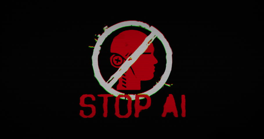 Stop AI symbol with distorted and glitch effect seamless and loopable 3d rendering. Prohibition and forbidden artificial intelligence abstract concept. Noised retro tv style background.