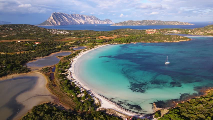 Aerial view from the drone of Cala Brandinchi beach in San Teodoro, north Sardinia.