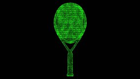3D tennis racket rotates on black background. Object made of shimmering particles. Sport equipment concept. For title, text, presentation. 3d animation 60 FPS