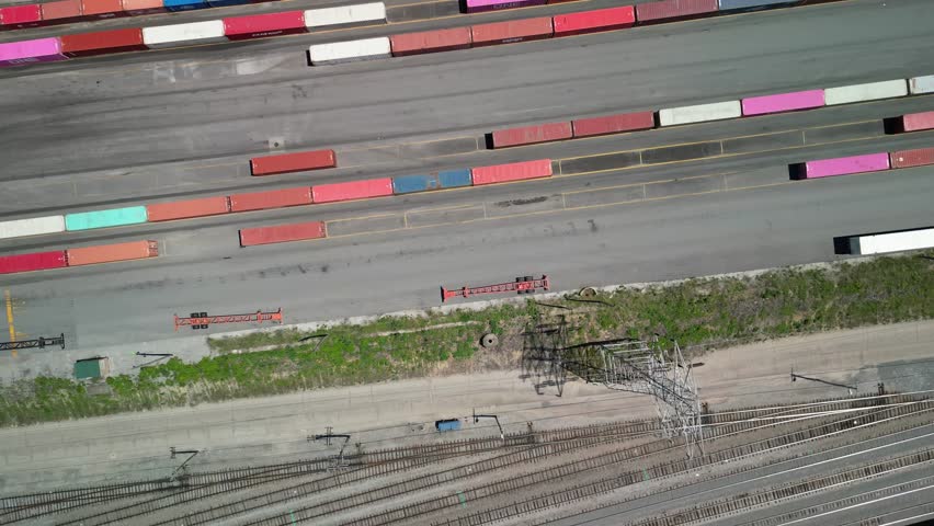 Aerial topdown of shipping container yard, Union Terminal, Cincinnati, Ohio