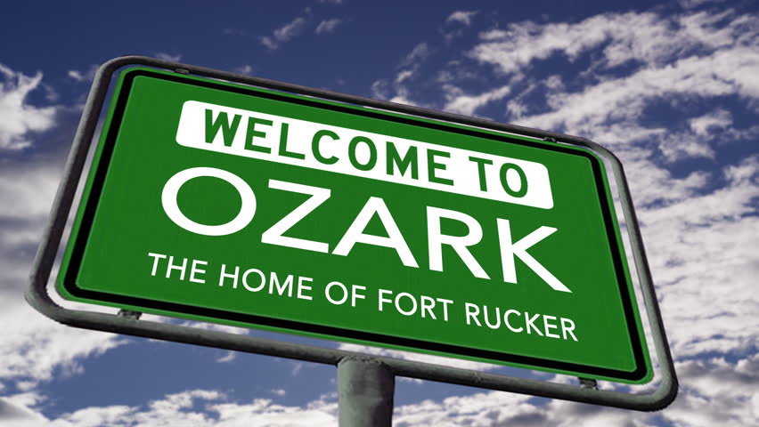 Welcome to Ozark, Alabama, The Home of Fort Rucker Slogan, US Road Sign Close Up Realistic 3d Animation