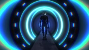 A character wearing a futuristic tech noir carbon fiber suit and helmet walking along an endless disco light tunnel with pulsating neon LED effects. - Powered by Shutterstock - Get 15% off with code: PIKWIZARD15