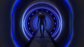 A character wearing a futuristic tech noir carbon fiber suit and helmet walking along an endless disco light tunnel with pulsating neon LED effects. - Powered by Shutterstock - Get 15% off with code: PIKWIZARD15
