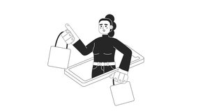 Animated bw online shopaholic. Smiling lady with boutique bags out smartphone 2D flat monochromatic thin line character animation. 4K video concept footage, alpha channel transparency for web design