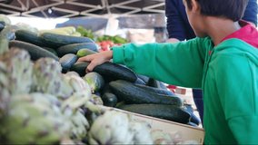Experience the energy of a bustling farmers market through this captivating stock video. Join a young, 35-year-old woman and her two playful children, aged 5 and 7, as they embark on a sunny shopping 