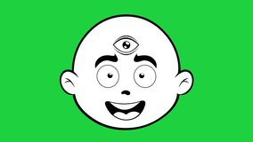 video animation cartoon character face emoticon with a third eye blinking, drawn in black and white. On a green chroma key background