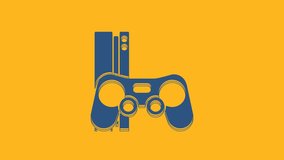 Blue Video game console with joystick icon isolated on orange background. 4K Video motion graphic animation.