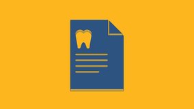 Blue Clipboard with dental card or patient medical records icon isolated on orange background. Dental insurance. Dental clinic report. 4K Video motion graphic animation.