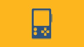 Blue Portable video game console icon isolated on orange background. Gamepad sign. Gaming concept. 4K Video motion graphic animation.