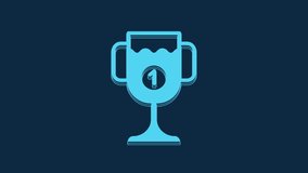 Blue Award cup icon isolated on blue background. Winner trophy symbol. Championship or competition trophy. Sports achievement sign. 4K Video motion graphic animation.