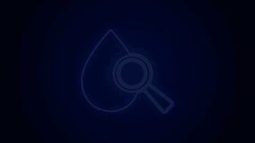 Glowing neon line Drop and magnifying glass icon isolated on black background. 4K Video motion graphic animation.