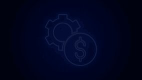 Glowing neon line Gear with dollar symbol icon isolated on black background. Business and finance conceptual icon. 4K Video motion graphic animation.