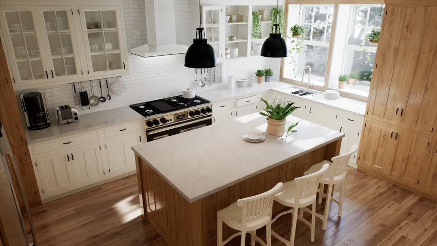 The interior of a large U-shaped kitchen with a wooden front and a large island. Stylish, cozy kitchen with appliances and plants with sun rays. 3d rendering Royalty-Free Stock Footage #1103833661