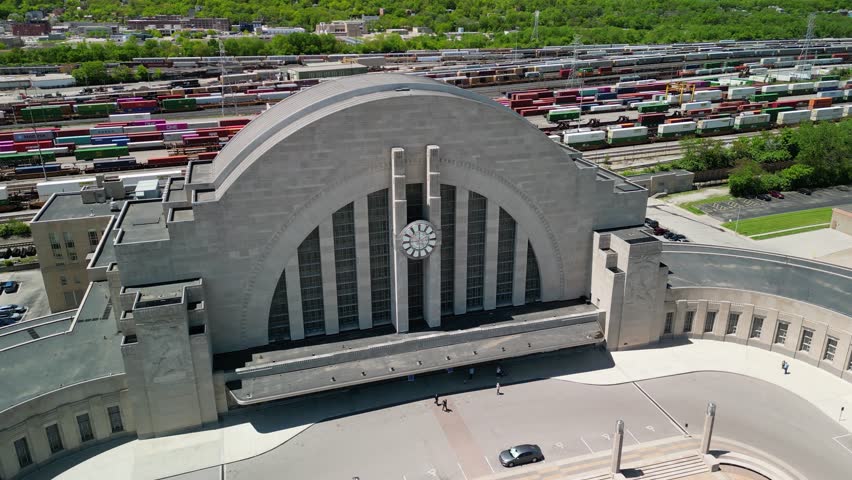 Aerial of Cincinnati Museum Center Clock Face, Union Terminal, pan