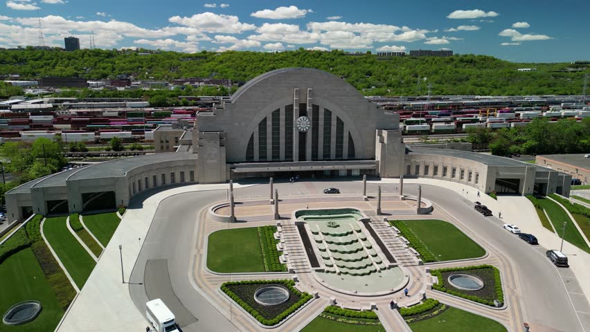 Aerial pan of Cincinnati Museum Center and rail yard, Cincinnati, Ohio - Drone 4k