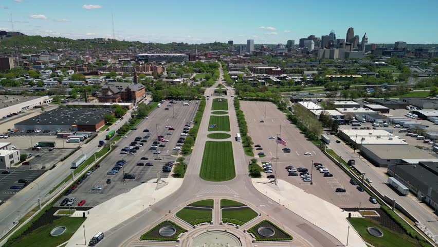 Aerial flyover Cincinnati Museum Union Terminal Centerbackwards with Cincinnati skyline