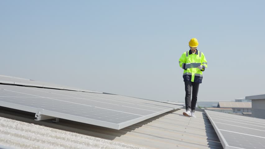 Professional engineer work to maintenance of photovoltaic panel system. Attractive technician worker working on roof inspect and check solar cell panels equipment box at solar cell field during sunset Royalty-Free Stock Footage #1103837513