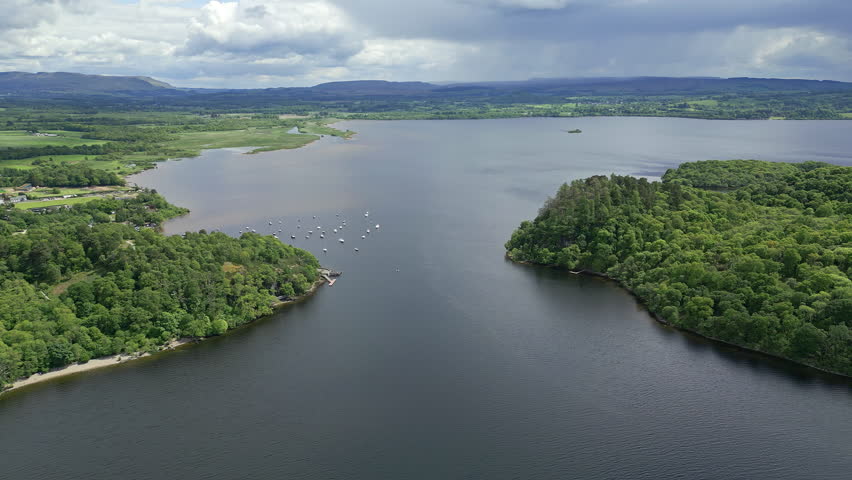 Aerial view showing the islands, foliage and mountains around Loch Lomond, Scotland