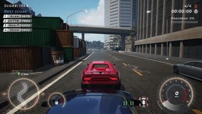 Animation of the modern red car driving on the city road in a video game. Animation of a quick vehicle driving on the street road in a simulator. Animation of drivers crashing on the road track.