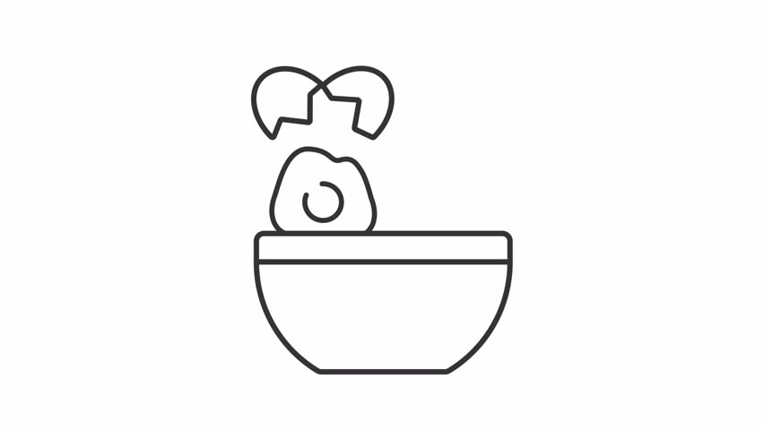 Scramble icon animation. Animated line cracking egg into mixing bowl. Hand blender. Cooking breakfast. Food recipe. Loop HD video with alpha channel, transparent background. Outline motion graphic