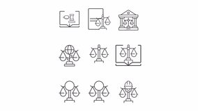 Justice system icons animation. Animated line balance scales. Civil right. Legal rule. Law firm. Supreme court. Loop HD video with alpha channel, transparent background. Outline motion graphic