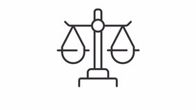 Balance scale icon animation. Animated line measuring instrument. Justice system. Law firm. Human right. Loop HD video with alpha channel, transparent background. Outline motion graphic