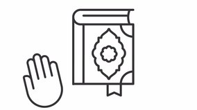 Swearing in icon animation. Animated line putting hand palm on Quran book. Court trial. Legal system. Not guilty. Loop HD video with alpha channel, transparent background. Outline motion graphic