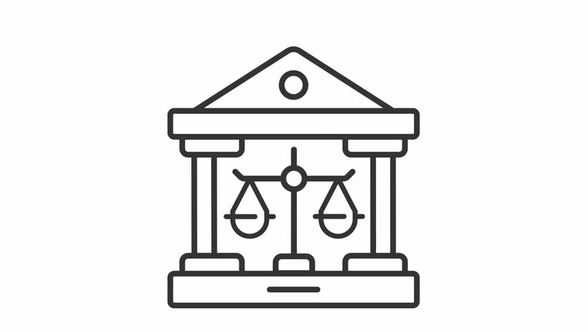 Court system icon animation. Animated line courthouse and scales of justice. Federal law. Criminal justice. Loop HD video with alpha channel, transparent background. Outline motion graphic