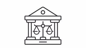 Court system icon animation. Animated line courthouse and scales of justice. Federal law. Criminal justice. Loop HD video with alpha channel, transparent background. Outline motion graphic