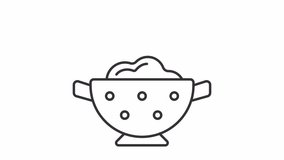 Rinsing icon animation. Animated line washing food in colander. Water dropping. Recipe preparation. Cooking class. Loop HD video with alpha channel, transparent background. Outline motion graphic