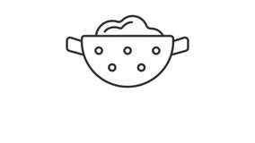 Animated colander line icon. Draining water from food through strainer animation. Dripping water. Cooking nourishment. Loop HD video with alpha channel, transparent background. Outline motion graphic