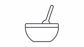 Stirring icon animation. Animated line wooden spoon mixing ingredients in bowl. Food preparation. Cooking meal. Loop HD video with alpha channel, transparent background. Outline motion graphic