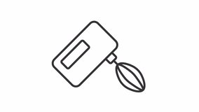 Animated hand mixer line icon. Rotating whisk animation. Egg beater. Baking tool. Kitchen appliance. Homemade food. Loop HD video with alpha channel, transparent background. Outline motion graphic