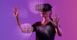 Animation of glowing 3d shapes of data transfer over asian woman in vr headset. Global virtual reality, data processing, computing and digital interface concept digitally generated video.
