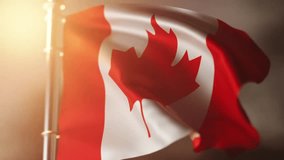 Canadian flag waving in the wind, sky and sun in the background, slow motion, realistic animation