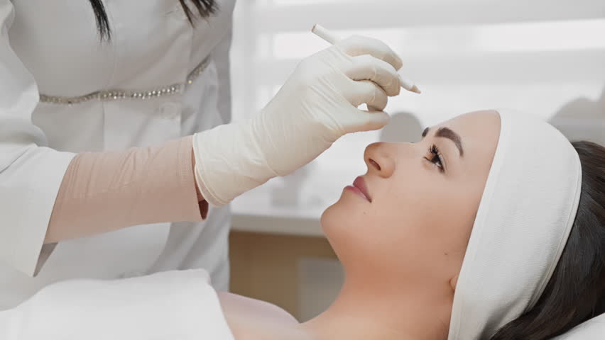 Procedure for marking and preparing for injection Botox, butolin toxin, which is carried out by professional cosmetologist in beauty salon to maintain youthful look and prevent wrinkles on woman face Royalty-Free Stock Footage #1103857489