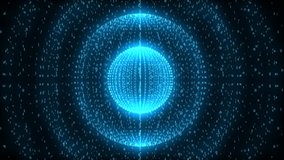 The ball in the center of the signs of a digital binary code from which circles of a larger diameter depart is approaching. The numbers are neon blue on a black background. Cg - Powered by Shutterstock - Get 15% off with code: PIKWIZARD15