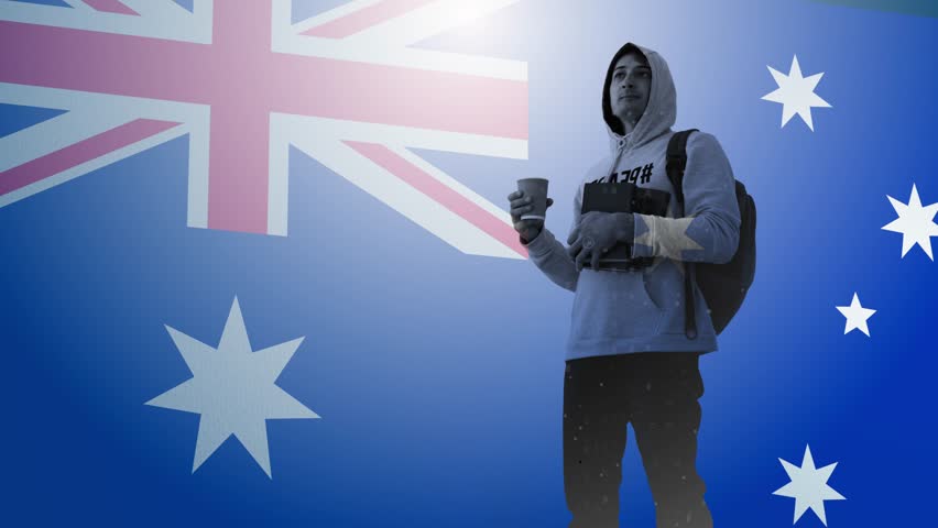 Cg. A student with a backpack with books and a glass of coffee against the backdrop of the Australian Flag sways in the wind. Fabric texture