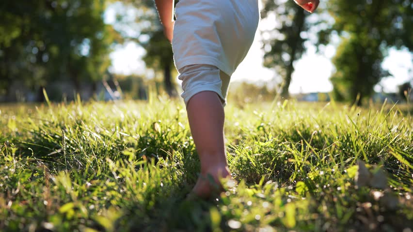 Boy kid run on grass in summer in park. Feet close up on green grass in sun. Kid dream in nature. Children play in the park on vacation. Active child jogging on a picnic in summer in a park in nature Royalty-Free Stock Footage #1103863673