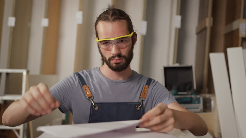 Male craftsman working in workshop. He checking desing in computer.