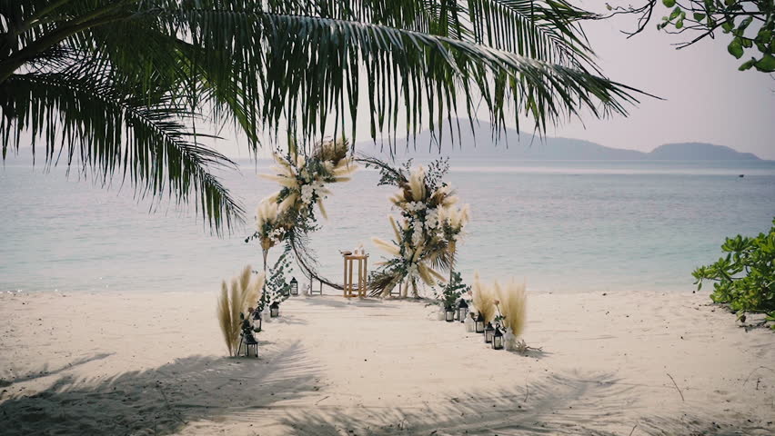 Arrangement set up detail flowers elegance honeymoon tropical island. Marriage engagement ceremony. Wedding beach daylight.