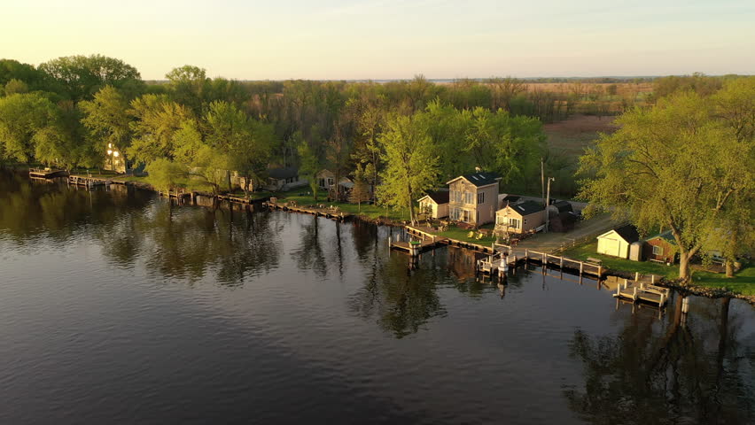 Aerial view of a cottage with Private Pier on the Wolf River in  Fremont, Wisconsin known for it