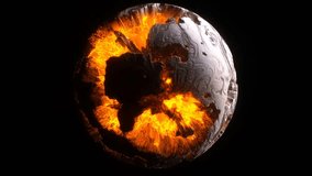 3d render video animation abstract damaged 3d planet earth , moon or asteroid in spherical shape with big holes in organic rough pattern on surface in outer space with yellow magma plasma core inside