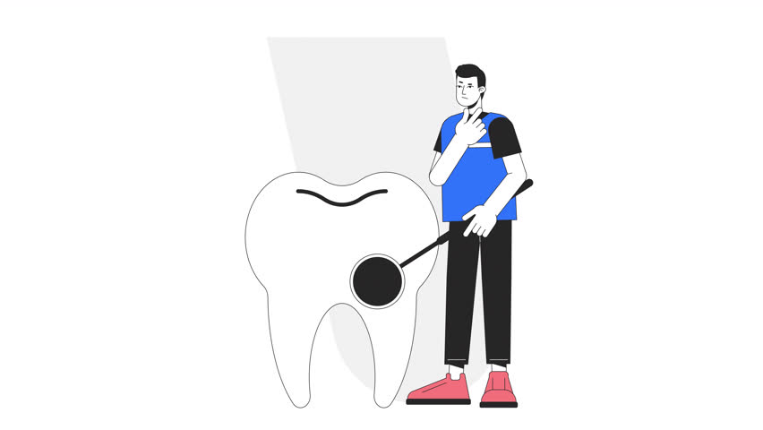 Dental hygiene animation. Animated asian male dentist 2D cartoon flat colour line character. Orthodontist tooth exam 4K video concept footage on white with alpha channel transparency for web design