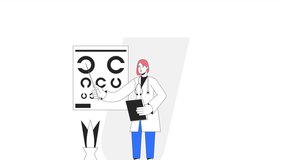 Ophthalmology animation. Animated asian woman eye doctor 2D cartoon flat colour line character. Doctor appointment 4K video concept footage on white with alpha channel transparency for web design