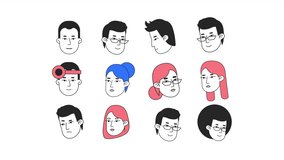 Pleased happy people icons animation. Smiling male, female heads any angle. Animated flat outline character facial expressions 4K video footage pack on white background with alpha channel transparency - Powered by Shutterstock - Get 15% off with code: PIKWIZARD15