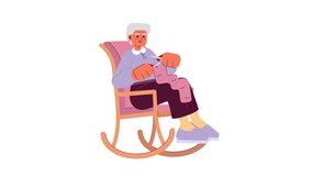 Grandma knitting animation. Animated isolated 2D gray hair grandmother in rocking chair. Cartoon flat character 4K video footage, white background, alpha channel transparency for web design