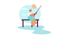 Fishing in morning animation. Animated fisherman with spinning 2D cartoon flat character. Summertime. Fishing season 4K video concept footage on white with alpha channel transparency for web design