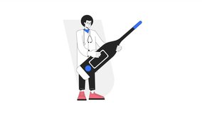 Using digital thermometer animation. Animated afro haired medical professional 2D cartoon flat colour line character. 4K video concept footage on white with alpha channel transparency for web design