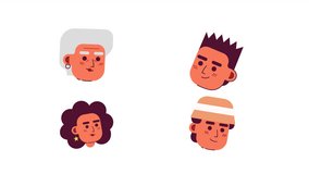 Friendly faces icons animation pack. Different ages. Animated flat characters avatars, white background, alpha channel transparency. Color cartoon style people heads 4K video footage for web design